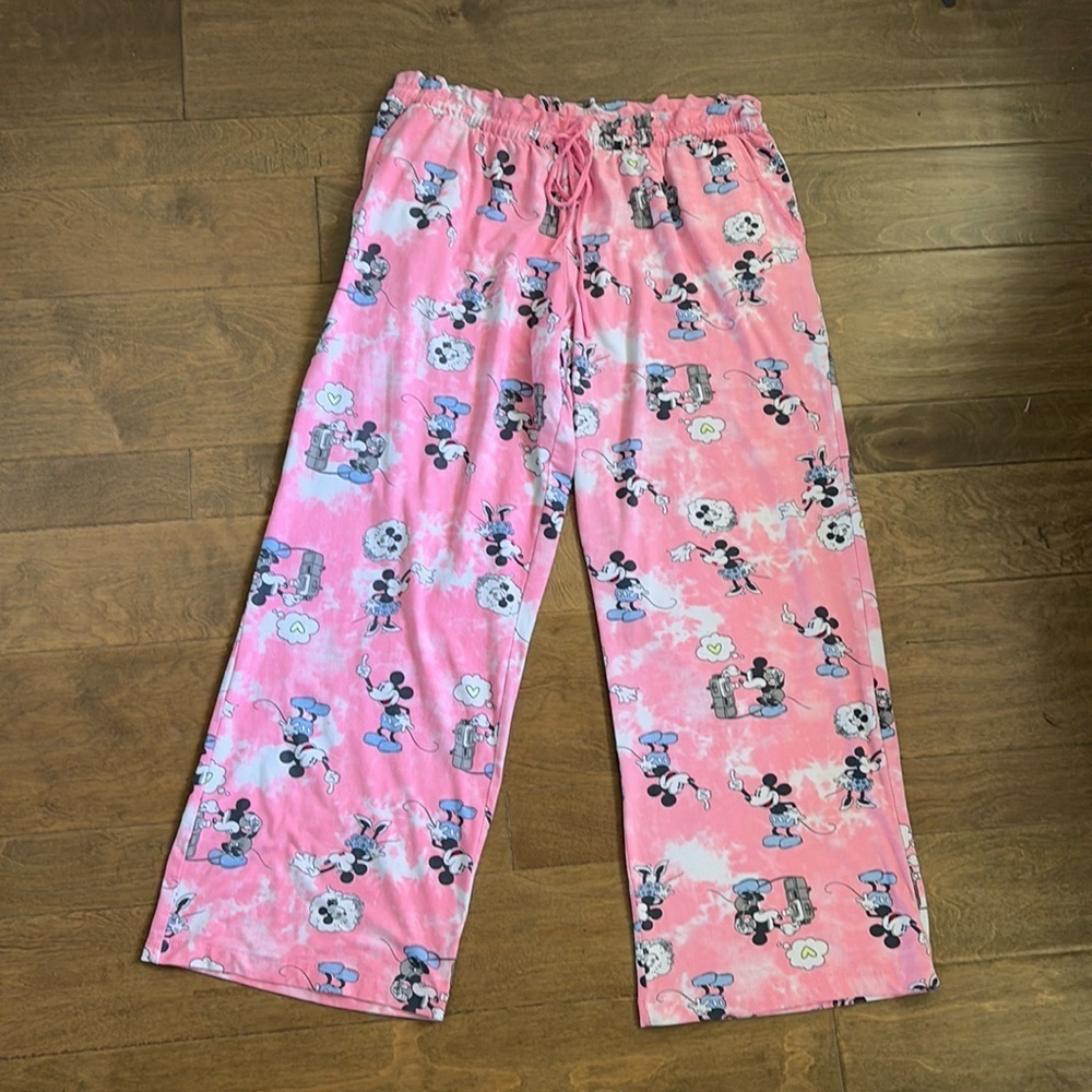 Disney Mickey Mouse Wide Leg Pink Pajama Pants Pockets Drawstring Large